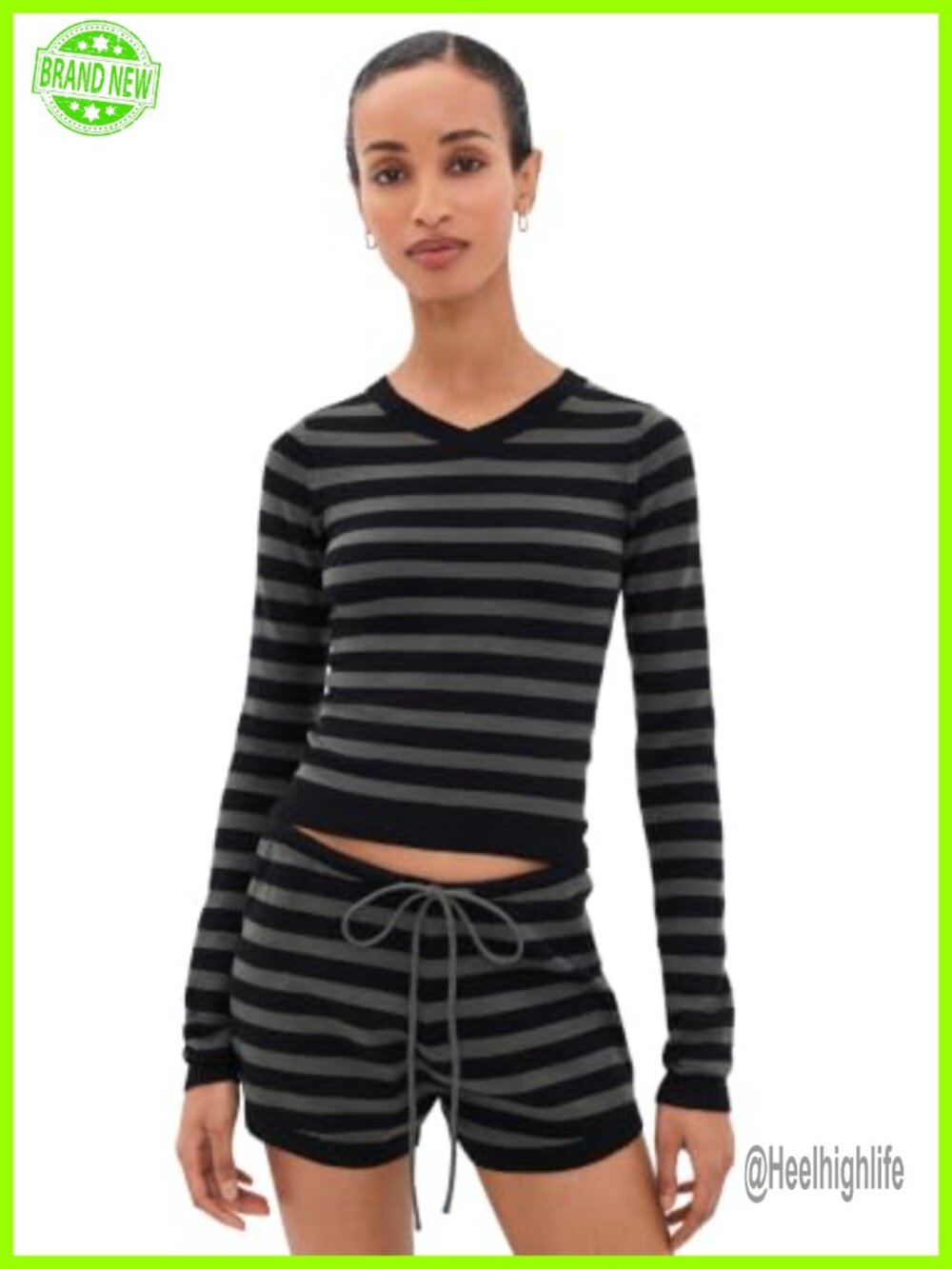 Lioness Stripe V-Neck Long Sleeve Lightweight Stretch Knit Top